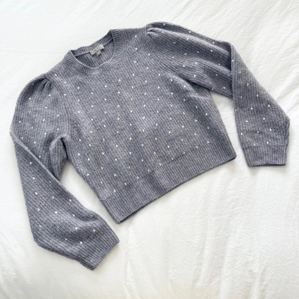 J.Crew Rhinestone Puff Sleeve Merino Wool Alpaca Sweater Gray Size Small
